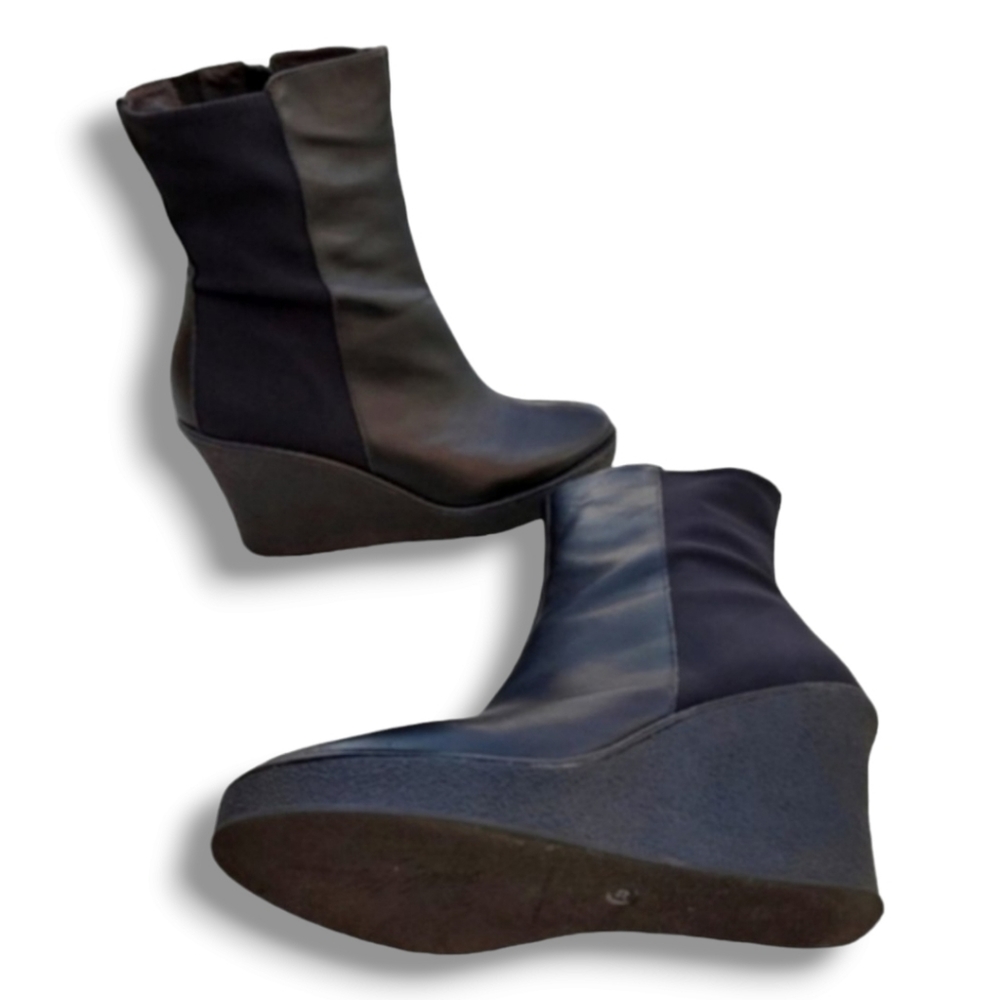 Donald J. Pliner Tikle Mid Calf Black Leather Wedge Boots 10 Neoprene Panels